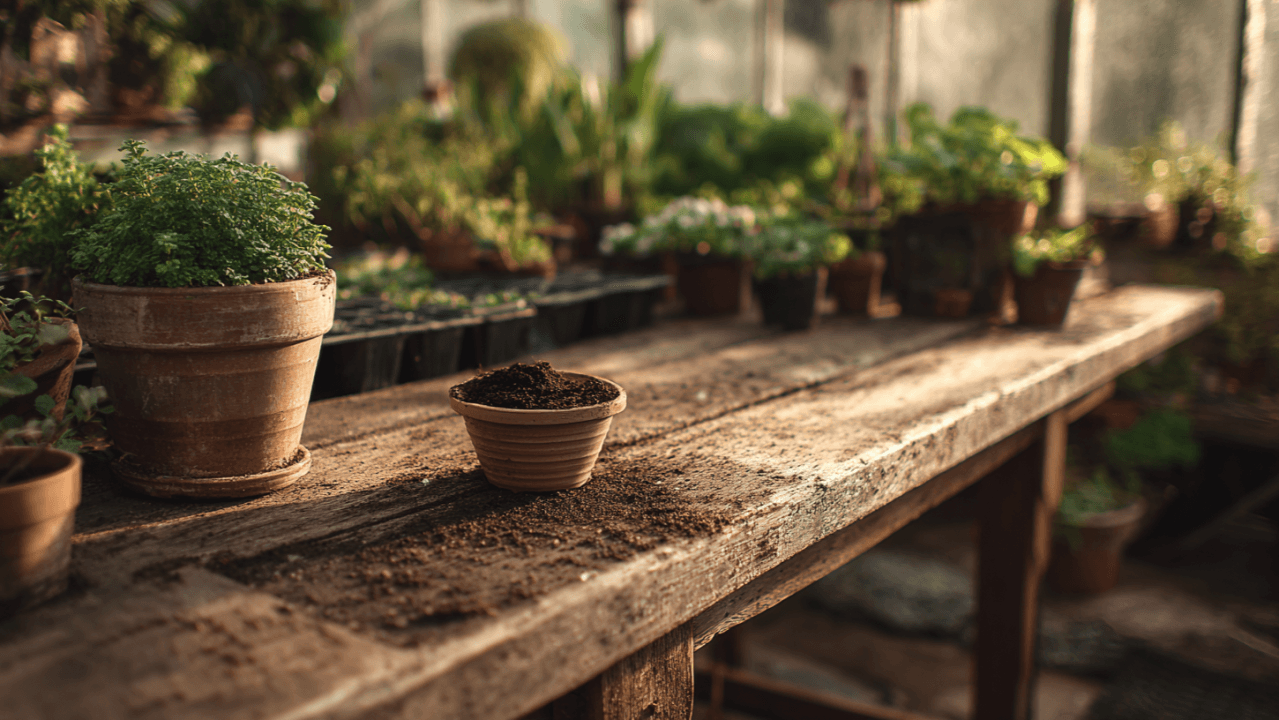 Young plants in terracotta pots in a nursery greenhouse